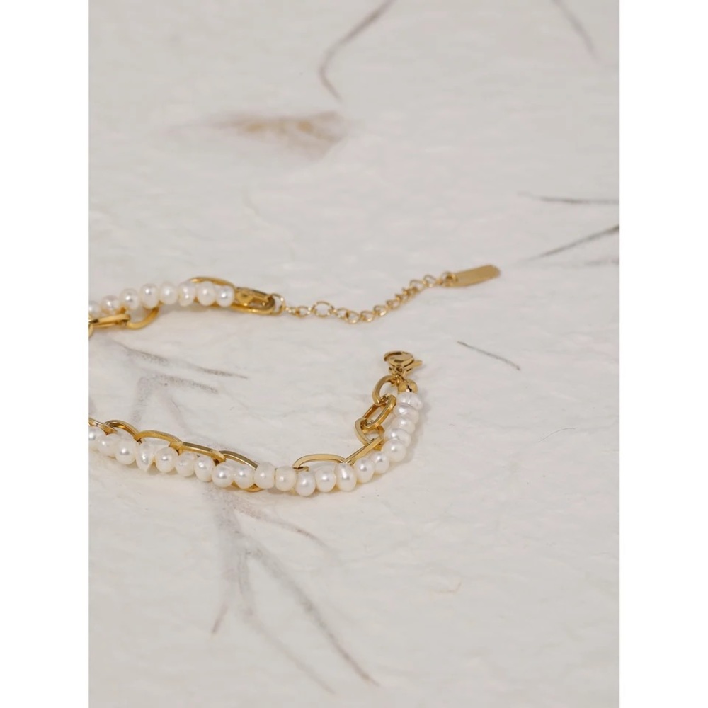 Zara 2in1 Genuine Micro White Natural Pearl + Link Gold Chain Bracelet NEW